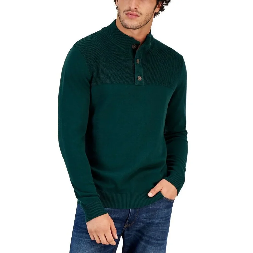 NEW! Club Room Button Mock Long Sleeve Knit Sweater PIne Grove Green Small